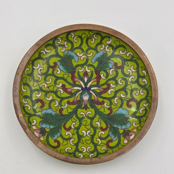 Cloisonné Prunus Brass Trinket Dish Set 3 Plum Blossom Enamel Plates 4″ - Picture 2 of 7